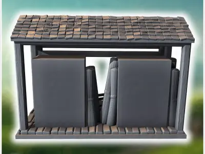 Small wooden shack with crates containing rolled parchment scrol 3D print model