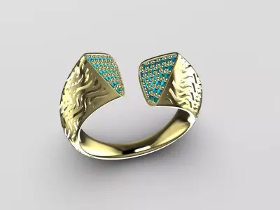 Bypass Wave Lattice Ring with Azure Pave Terminals 14K Gold 3D print model