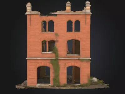 Abandoned Red Brick House 3D Model  Overgrown Post Apocalyptic Low-poly 3D model
