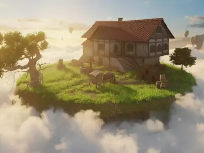 Floating Island with Steampunk Airship  3D model