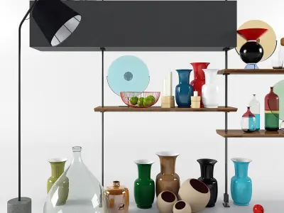 Decorative set of accessories also furniture and floor lamp Low-poly 3D model