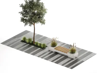 Tree and bushes with bench for outdoor environment 1146 3D model