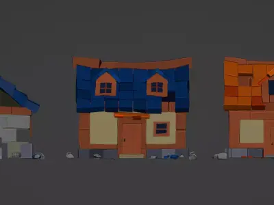 Damaged House Version Broken Roof Game Environment Asset Low-poly 3D model