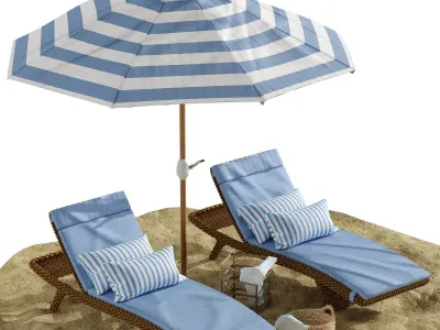 Beach umbrella and chaise longue set 2 3D model