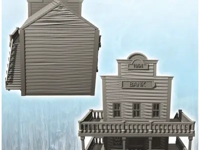 Western bank building with stairs and balcony 4 - Cowboy USA Ame 3D print model