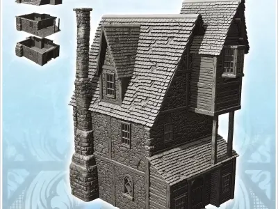 Medieval stone manor with large chimney and suspended room 18 -  3D print model