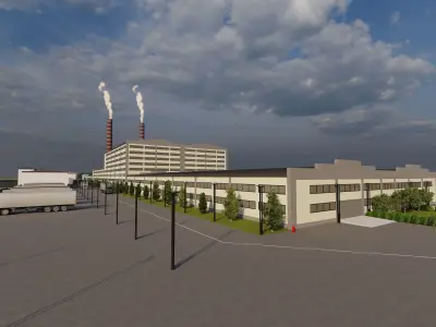 indutrials factory with smokestacks under cloudy sky 3D model
