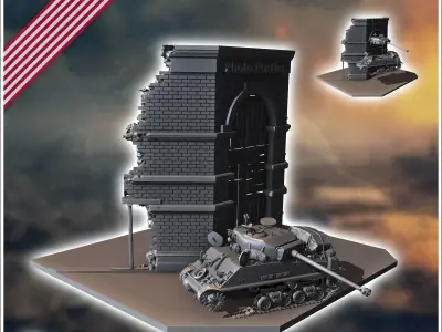Scene with building and carcass of American Sherman M4A3E8 HVSS  3D print model