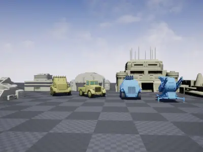 Set of Cartoon Tanks and Buildings Low-poly 3D model