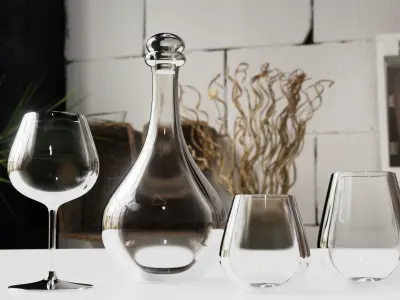 Glass Set wine glasses and decanter on table 3D model