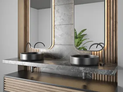 bathroom furniture - wood and stone wall  3D model