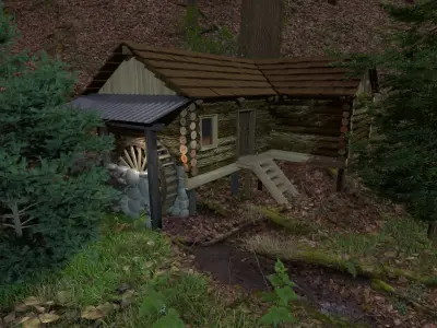 Log cabin and watermill Low-poly 3D model