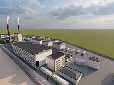 indutrials factory with smokestacks under cloudy sky 3D model