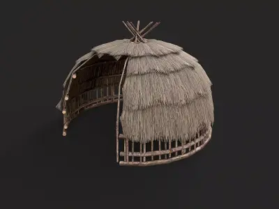 Primitive Wooden Shelter with Thatch Roof 6 Low-poly 3D model