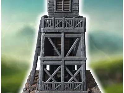 Tall wooden watchtower with ladder access weathered planks and a 3D print model