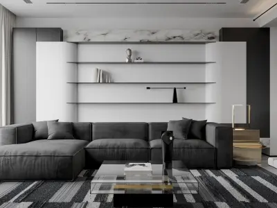 Modern living room dining room kitchen 3D model