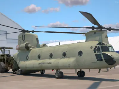  Forklift Loads Cargo to the Transport Helicopter CH 47 Chinook Rigged 