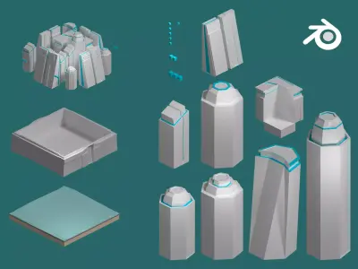 Sci-fi isometric city SET Low-poly 3D model