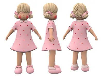 Rigged Stylized Little Cartoon Girl Character Low-poly 3D model