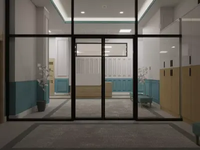 Lobby hallway with walls and glass doors 3D model