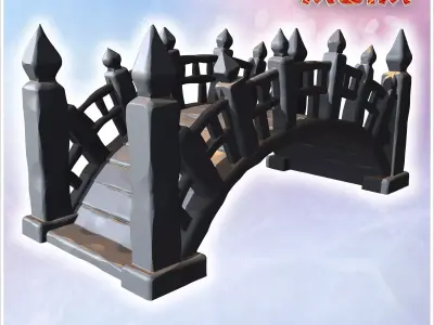 Small wooden bridge with curved design detailed posts and decora 3D print model