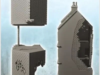 Set of two ruined two-storey buildings with low partition wall 2 3D print model
