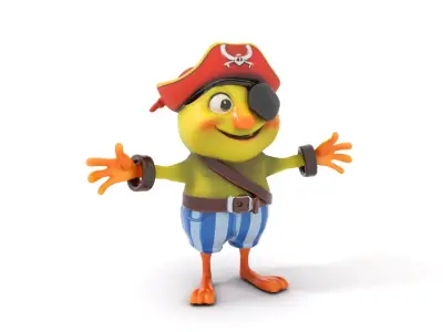 Rigged and Animated Pirate Creature with Eyepatch and Hat Low-poly 3D model