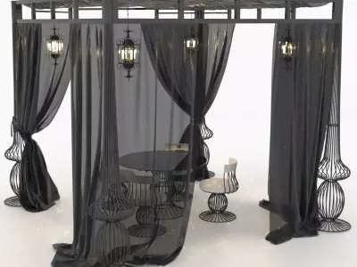 Patio Set with Curtains and Hanging Lanterns 3D model