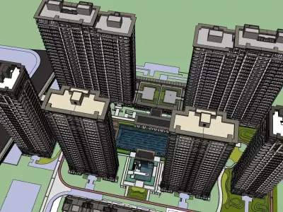 APARTMENT BUILDING RESIDENCE WITH POOL AREA 3D model