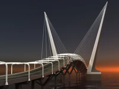 Cable-stayed bridge night scene 3D model