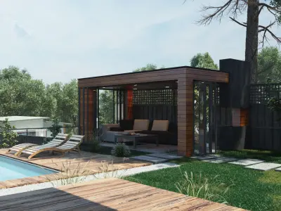 Modern house 3D scene environment with forest surrounded 3D model