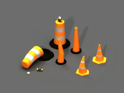 Post Apocalyptic Road Cones Pylons and Barrels Low-poly 3D model