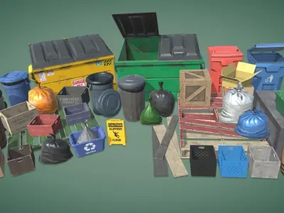 Garbage bins and  crates and other Props Low-poly 3D model