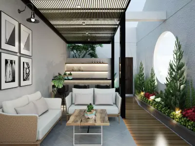 Outdoor modern living room with furniture and plants 3D model