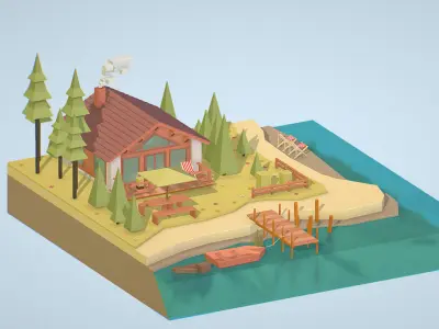 isometric old hunting lodge on the river Low-poly 3D model