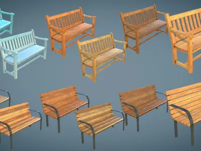 Bus Stop and Benches Low-poly 3D model