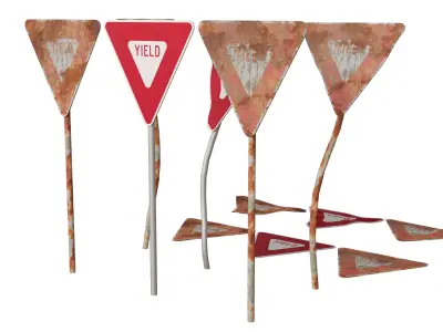 Yield Road Signs Rusted Old and Clean versions Low-poly 3D model