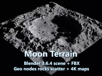 Blender Moon Terrain 4K maps and rocks 3D model