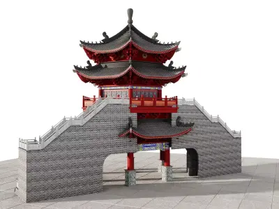 Ancient Japan Gate Tower Pavilion 3D model