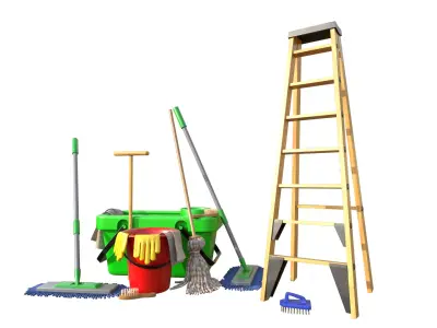 Cleaning Cart With Mop and Buckets Cleaning Products Fur Low-poly 3D model