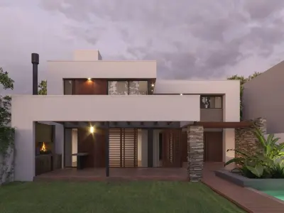 3D Modern House Ext Sunset Scene 3D model