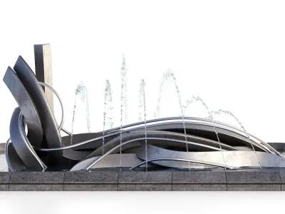 Pond with Metallic Sculpture and Fountains 3D model