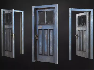 Old Door with broken window Low-poly 3D model