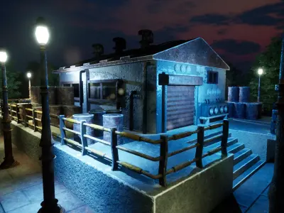 Warehouse building with lights at night Low-poly 3D model