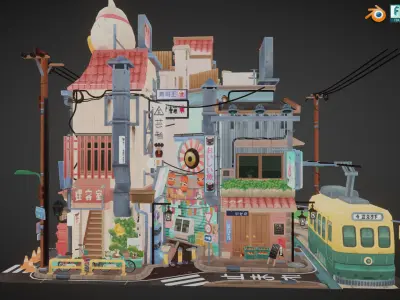 Stylized Japanese Street Corner - Texture Baked Low-poly 3D model