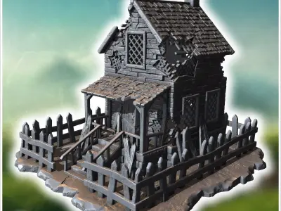 Small dilapidated wooden house with broken fence shattered windo 3D print model