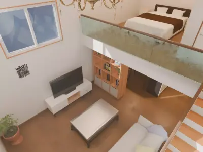 A room with a loft bed area 3D model