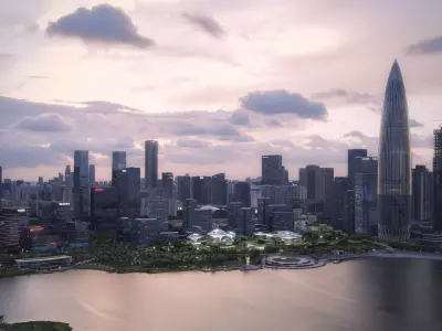 Futuristic Waterfront Cityscape with Landmark Tower 3D model