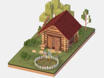 Isometric Village Wood Garden Depot Hangar Shed Low-poly 3D model