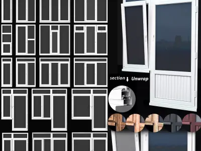 windows two wooden doors with glass Low-poly 3D model